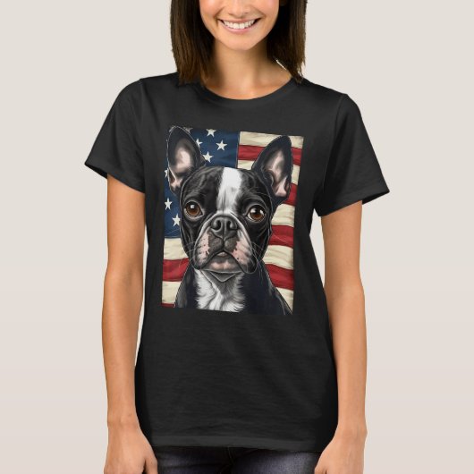 Boston Terrier Dog American Flag 4th of July Patri T-shirt (Voorkant)