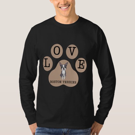 Boston Terrier Dog and Love Sign on Latte Brown Co T-shirt (Voorkant)