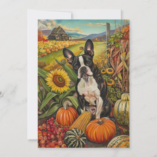 Boston Terrier Dog Autumn Harvest Thanksgiving Feestdagenkaart (Voorkant)