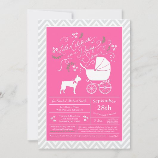 Boston Terrier Dog Baby shower Pink Girl Kaart (Voorkant)