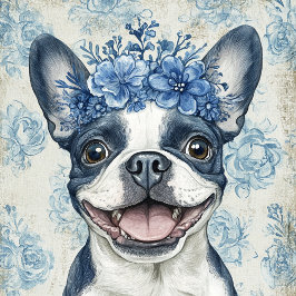 Boston Terrier Dog Blauwe Bloemen Tote Bag