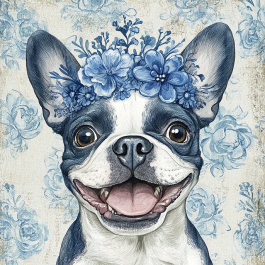 Boston Terrier Dog Blauwe Bloemen Tote Bag