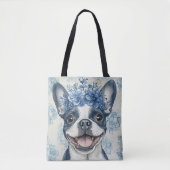 Boston Terrier Dog Blauwe Bloemen Tote Bag (Voorkant)