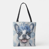 Boston Terrier Dog Blauwe Bloemen Tote Bag (Achterkant)