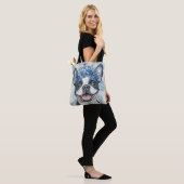 Boston Terrier Dog Blauwe Bloemen Tote Bag (Op model)