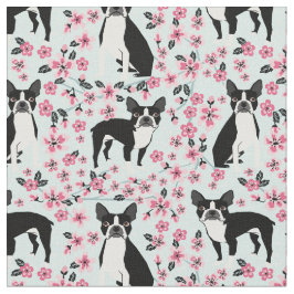 Boston Terrier dog cherry blosesems lichtblauw Stof