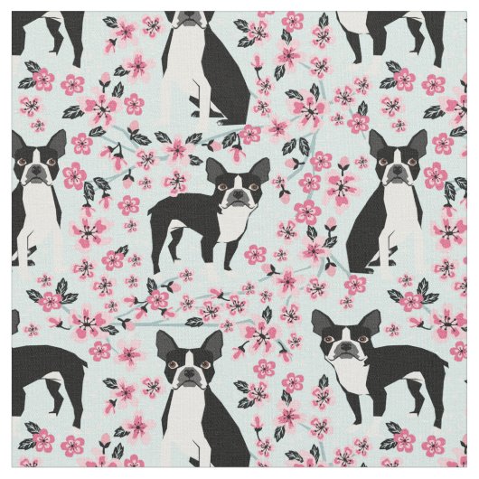 Boston Terrier dog cherry blosesems lichtblauw Stof (Close Up)