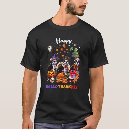 Boston Terrier Dog Christmas Happy Hallothankmas H T-shirt (Voorkant)