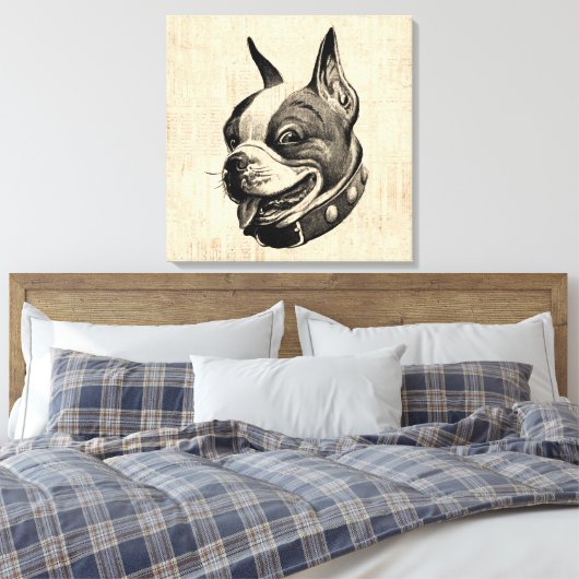 Boston Terrier Dog Cute Pet Dog Antiek Art Canvas Afdruk (Insitu (Slaapkamer))