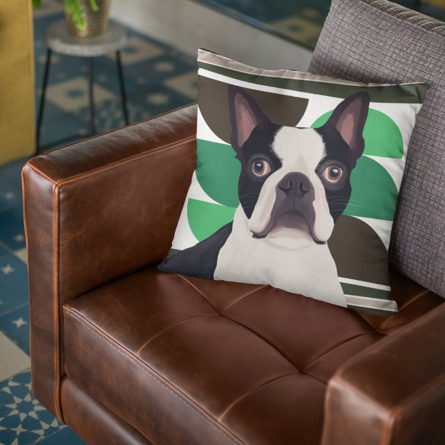 Boston Terrier Dog - Donkergroen geometrisch Kussen (Creator heeft geüpload)