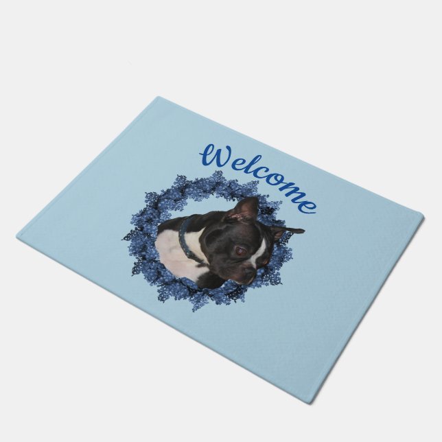Boston Terrier Dog Floral Wreath Welcome Deurmat (Schuin)