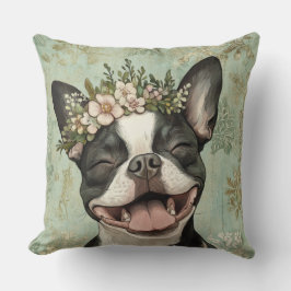 Boston Terrier Dog Green Floral Kussen
