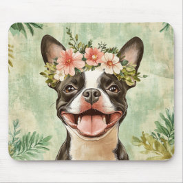Boston Terrier Dog Green Floral Muismat