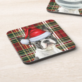 Boston Terrier Dog Green Red Holiday Plaid Bier Onderzetter