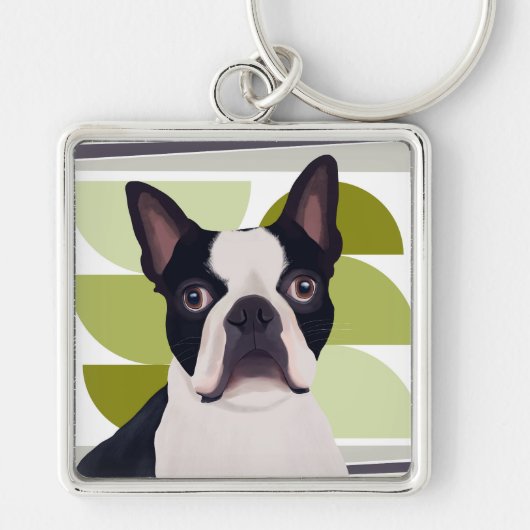 Boston Terrier Dog - Groene geometrische Sleutelhanger (Voorkant)