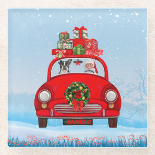 Boston Terrier Dog in auto met kerstman Glazen Onderzetter