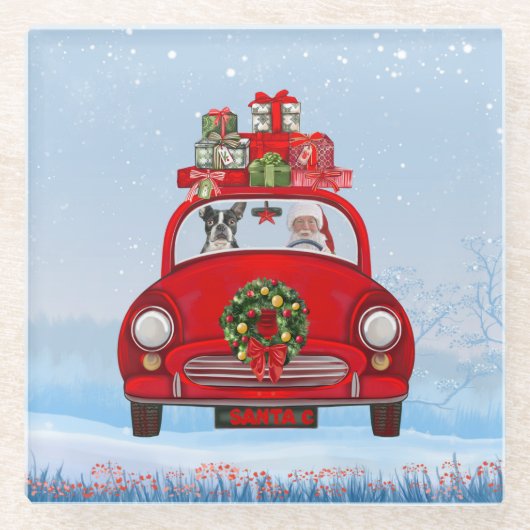 Boston Terrier Dog in auto met kerstman Glazen Onderzetter (Voorkant)
