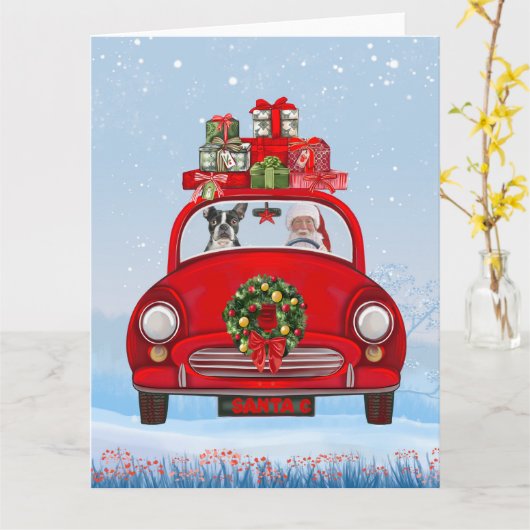 Boston Terrier Dog in auto met kerstman Kaart (Gele Bloem)