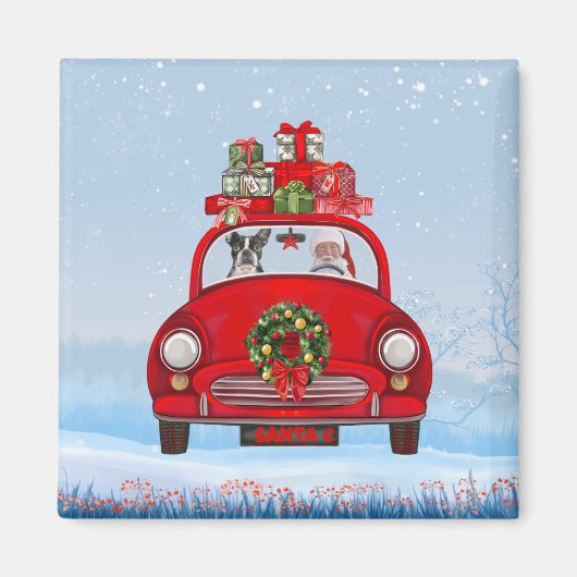 Boston Terrier Dog in auto met kerstman Magneet (Voorkant)