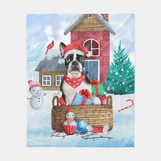 Boston Terrier Dog in het sneeuwkersthondenhuis Fleece Deken (Voorkant)