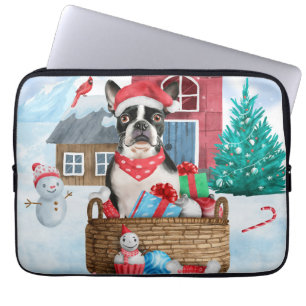 Boston Terrier Dog in het sneeuwkersthondenhuis Laptop Sleeve