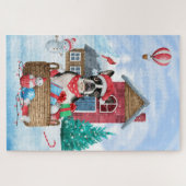 Boston Terrier Dog in het sneeuwkersthondenhuis Legpuzzel (Horizontaal)