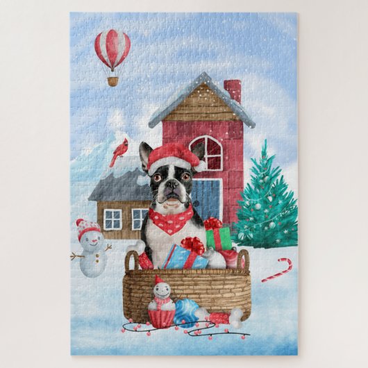 Boston Terrier Dog in het sneeuwkersthondenhuis Legpuzzel (Verticaal)