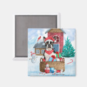 Boston Terrier Dog in het sneeuwkersthondenhuis Magneet (Voorkant / Achterkant)