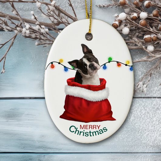 Boston Terrier Dog in Holiday Gift Bag Keramisch Ornament