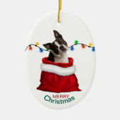 Boston Terrier Dog in Holiday Gift Bag Keramisch Ornament (Voorkant)