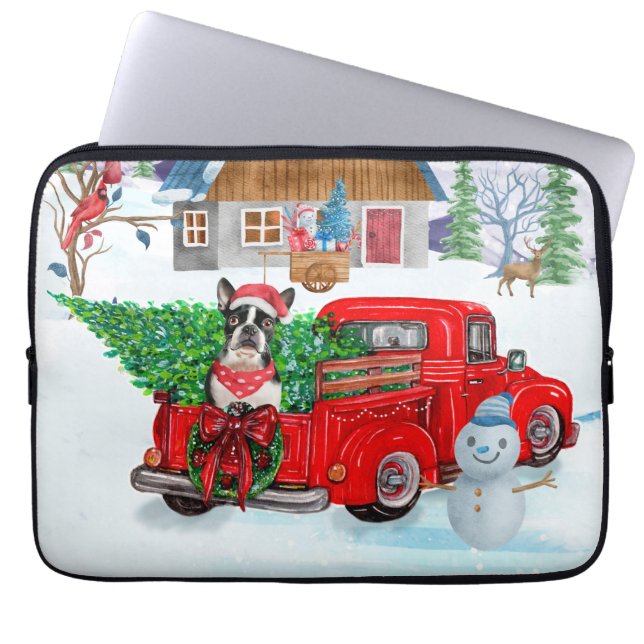 Boston Terrier dog in kerstcadeau Truck Laptop Sleeve (Voorkant)