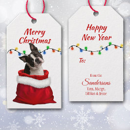 Boston Terrier Dog in Santa Bag Cadeaulabel