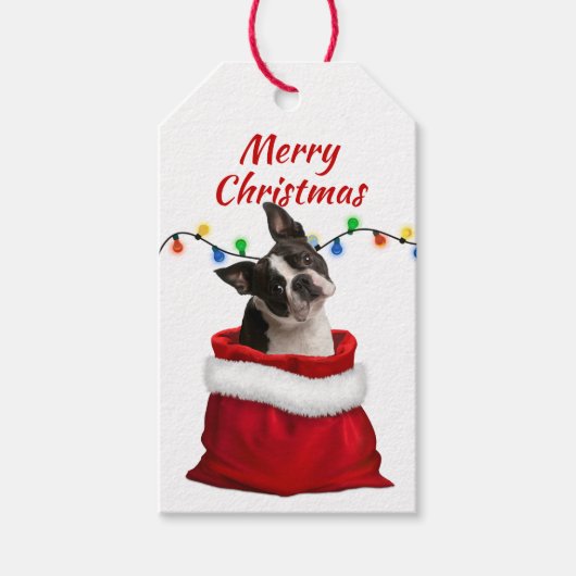 Boston Terrier Dog in Santa Bag Cadeaulabel (Voorkant)