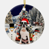 Boston Terrier Dog in Sneeuw Kerst Pet Lights Keramisch Ornament (Voorkant)