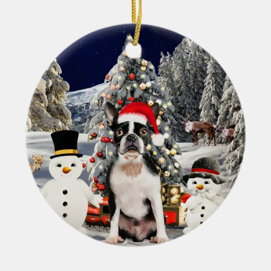 Boston Terrier Dog in Sneeuw Kerst Pet Lights Keramisch Ornament (Voorkant)