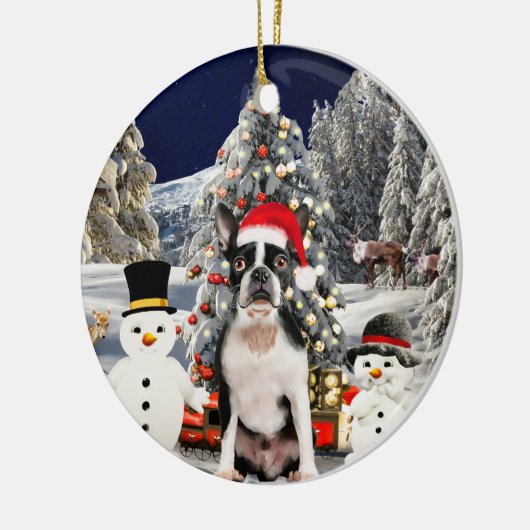 Boston Terrier Dog in Sneeuw Kerst Pet Lights Keramisch Ornament (Links)
