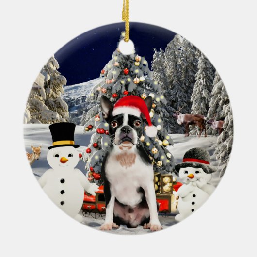 Boston Terrier Dog in Sneeuw Kerst Pet Lights Keramisch Ornament (Achterkant)