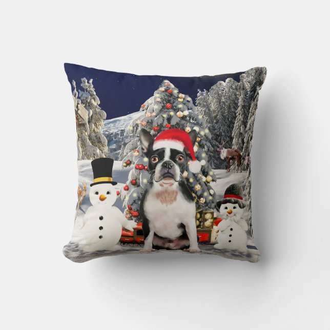 Boston Terrier Dog in Sneeuw Kerst Pet Lights Kussen (Voorkant)