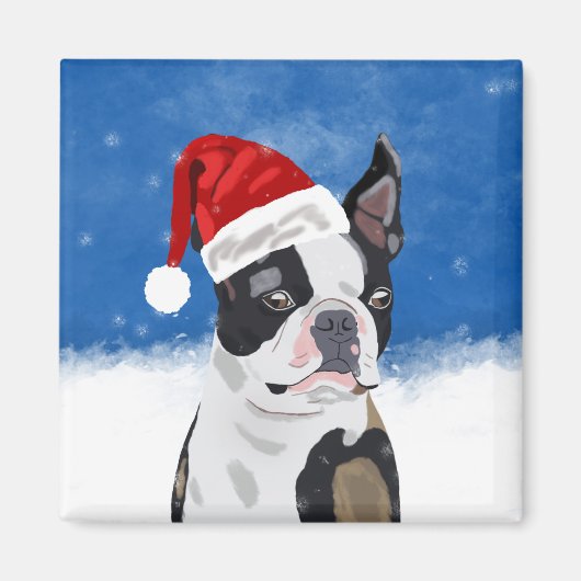 Boston Terrier Dog in Sneeuwfeest Happy Holiday Magneet (Voorkant)