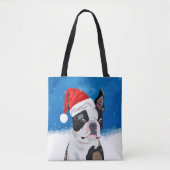 Boston Terrier Dog in Sneeuwfeest Happy Holiday Tote Bag (Voorkant)