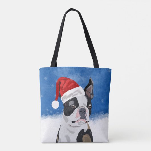 Boston Terrier Dog in Sneeuwfeest Happy Holiday Tote Bag (Achterkant)