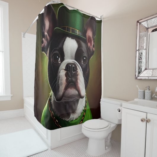 Boston Terrier dog in St. Patrick's Day Dress Douchegordijn (In situ)