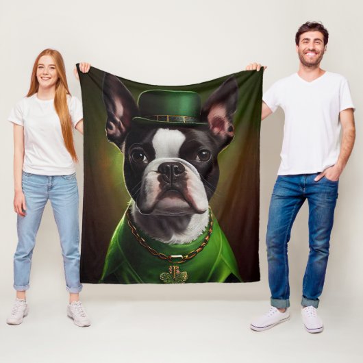 Boston Terrier dog in St. Patrick's Day Dress Fleece Deken (In situ)