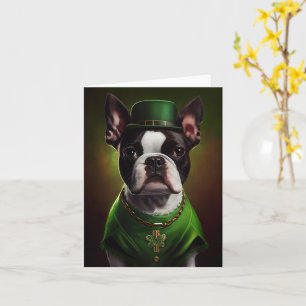 Boston Terrier dog in St. Patrick's Day Dress Kaart