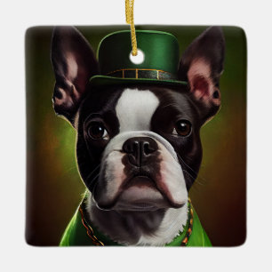 Boston Terrier dog in St. Patrick's Day Dress Keramisch Ornament