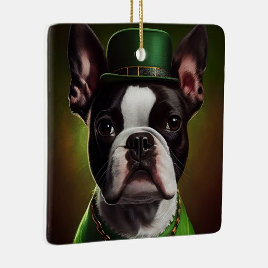 Boston Terrier dog in St. Patrick's Day Dress Keramisch Ornament (Rechts)
