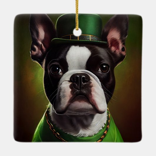 Boston Terrier dog in St. Patrick's Day Dress Keramisch Ornament (Achterkant)