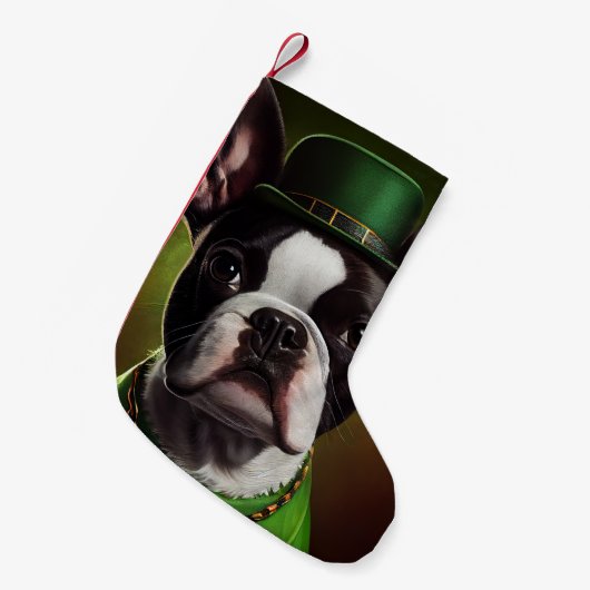 Boston Terrier dog in St. Patrick's Day Dress Kleine Kerstsok (Voorkant (Hangend))