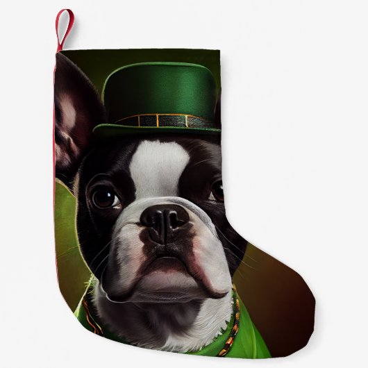 Boston Terrier dog in St. Patrick's Day Dress Kleine Kerstsok (Voorkant)