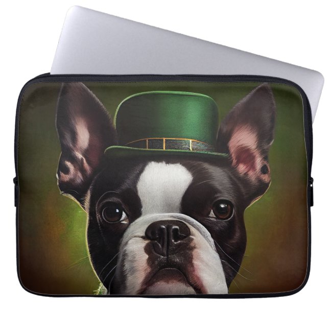 Boston Terrier dog in St. Patrick's Day Dress Laptop Sleeve (Voorkant)